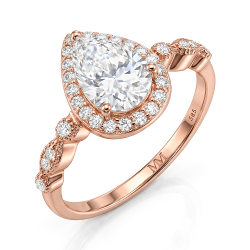 Elanore - Halo Peer Geslepen Moissanite Verlovingsring met Gedraaide Pavé Band