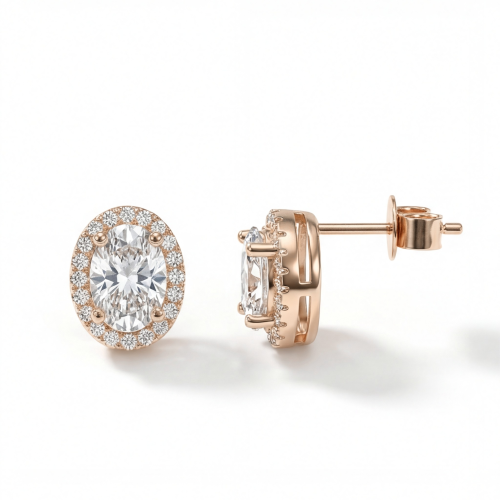 Ellipse - ovale moissanite oorknopjes met halo