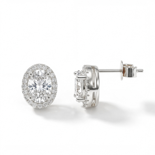 Ellipse - Ovaal Moissanite Oorknopjes in Halo Zetting