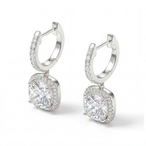 Cushion Drops - Halo & Huggie Moissanite Oorhangers