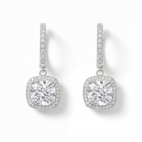 Cushion Drops - Halo & Huggie Moissanite Oorhangers