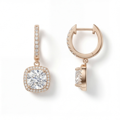 Cushion Drops - moissanite huggie oorhangers met halo