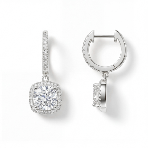 Cushion Drops - moissanite huggie oorhangers met halo
