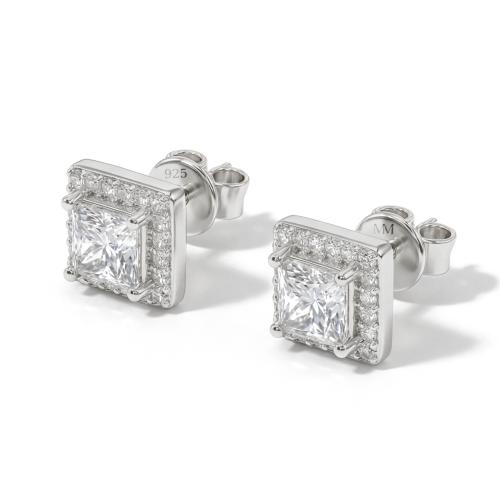 Imperia - Princess Moissanite Oorknopjes in Halo Zetting