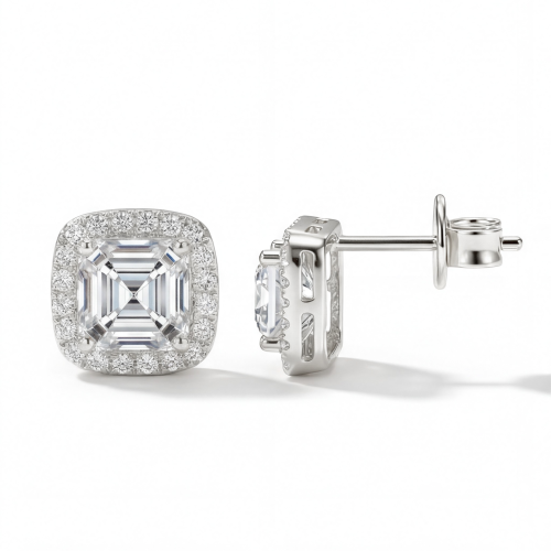 Tetrona - Asscher moissanite oorknopjes met halo