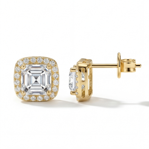 Tetrona - Asscher moissanite oorknopjes met halo