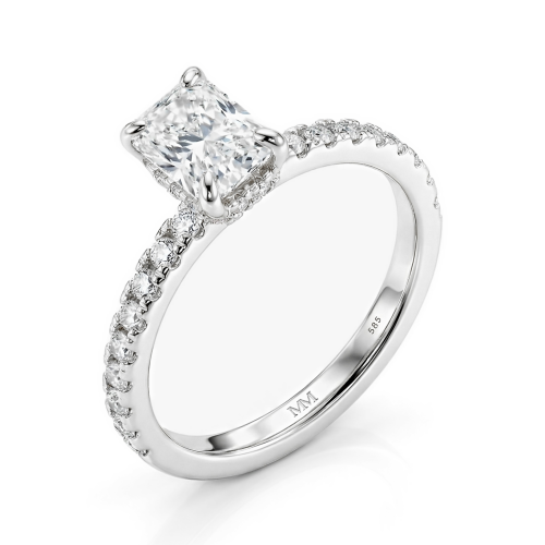 Astra - radiant moissanite ring met pavé zijstenen en hidden halo
