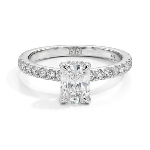 Astra - Radiant Moissanite Ring met Pavé Zijstenen & Hidden Halo