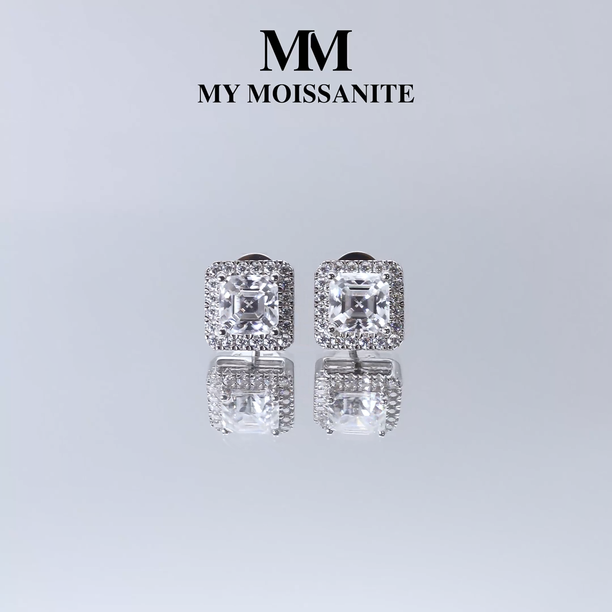 Tetrona - Asscher Moissanite Oorknopjes in Halo Zetting