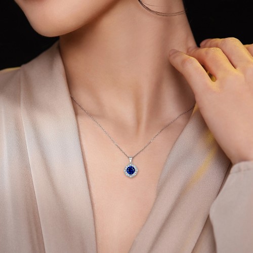 Purelle - Koningsblauwe Moissanite Halo Hanger met Schakelketting
