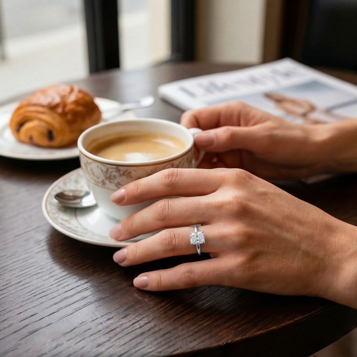 Mirabelle - Radiant Geslepen Moissanite Solitaire Ring met Mandzetting en Hidden Halo