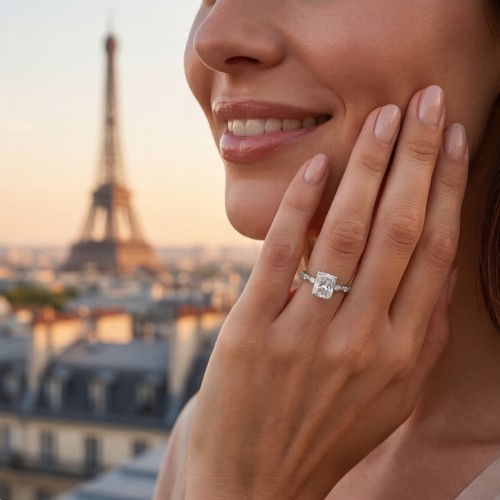 Isla - Radiant Geslepen Moissanite Ring met Zijstenen - lifestyle