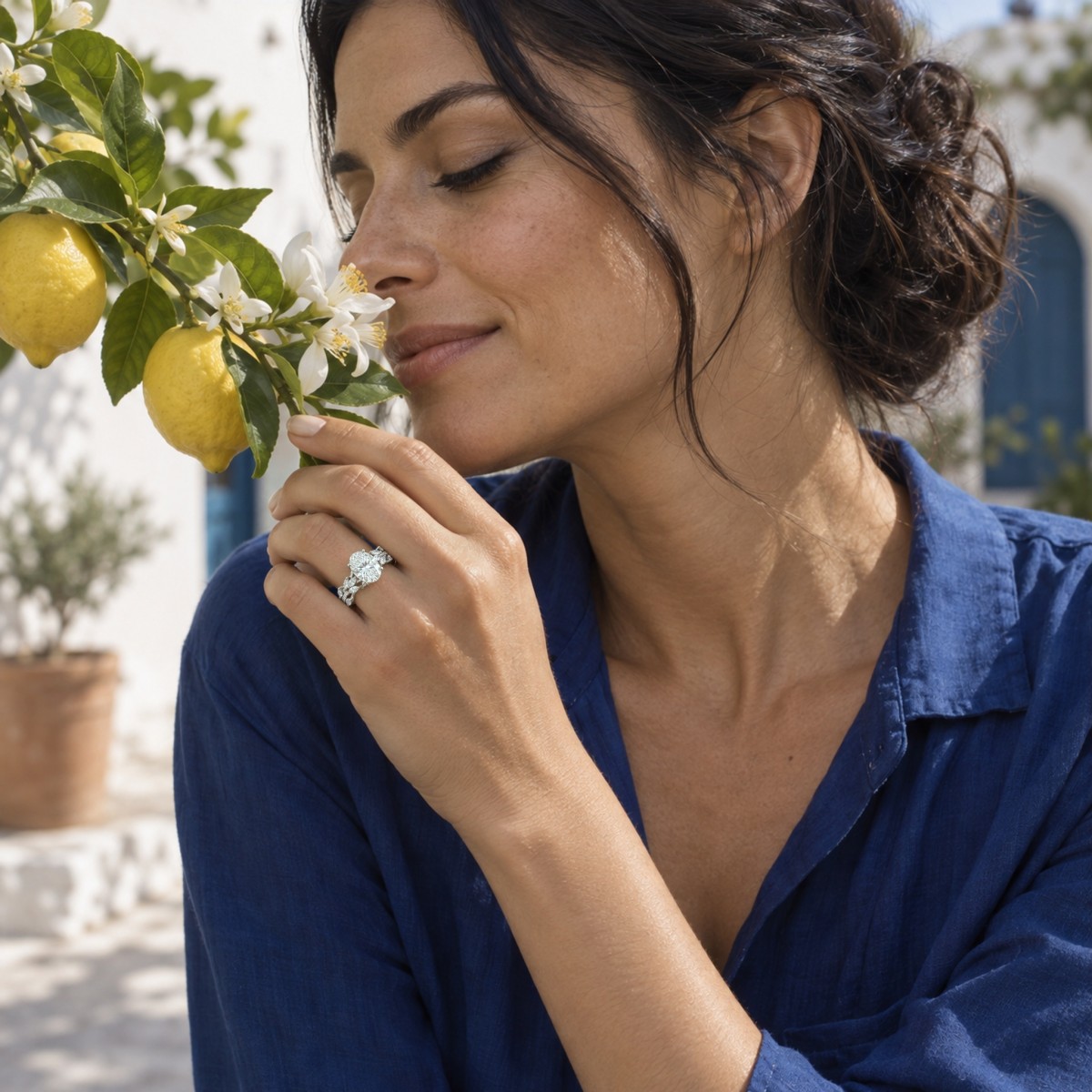 Wisteria - ovale moissanite ring met ringband in de vorm van gedraaide ranken