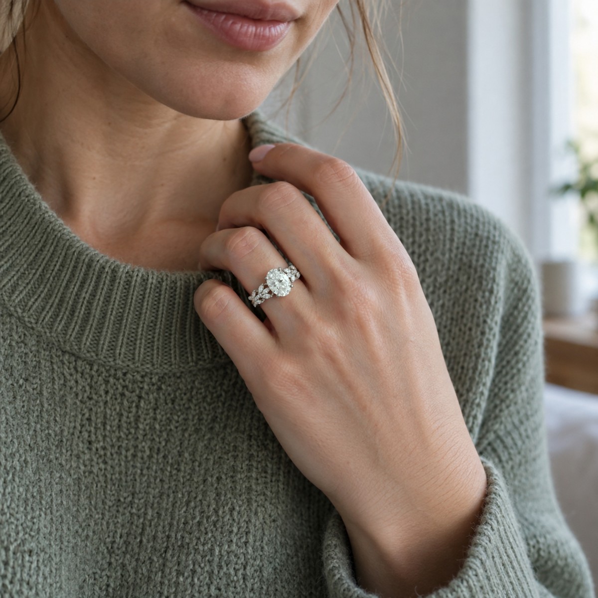Wisteria - ovale moissanite ring met ringband in de vorm van gedraaide ranken