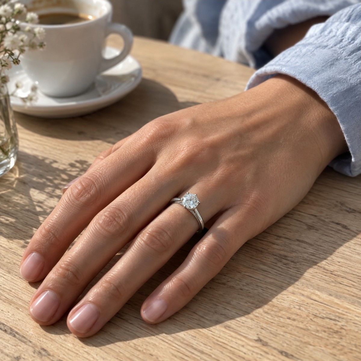 Lotella - ronde moissanite verlovingsring met uitgesneden lotusmandje