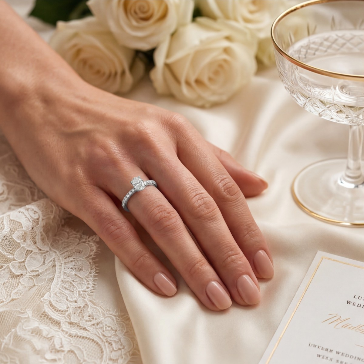 Nina Ring - Ovaal Moissanite Ring met Pavé Zijstenen