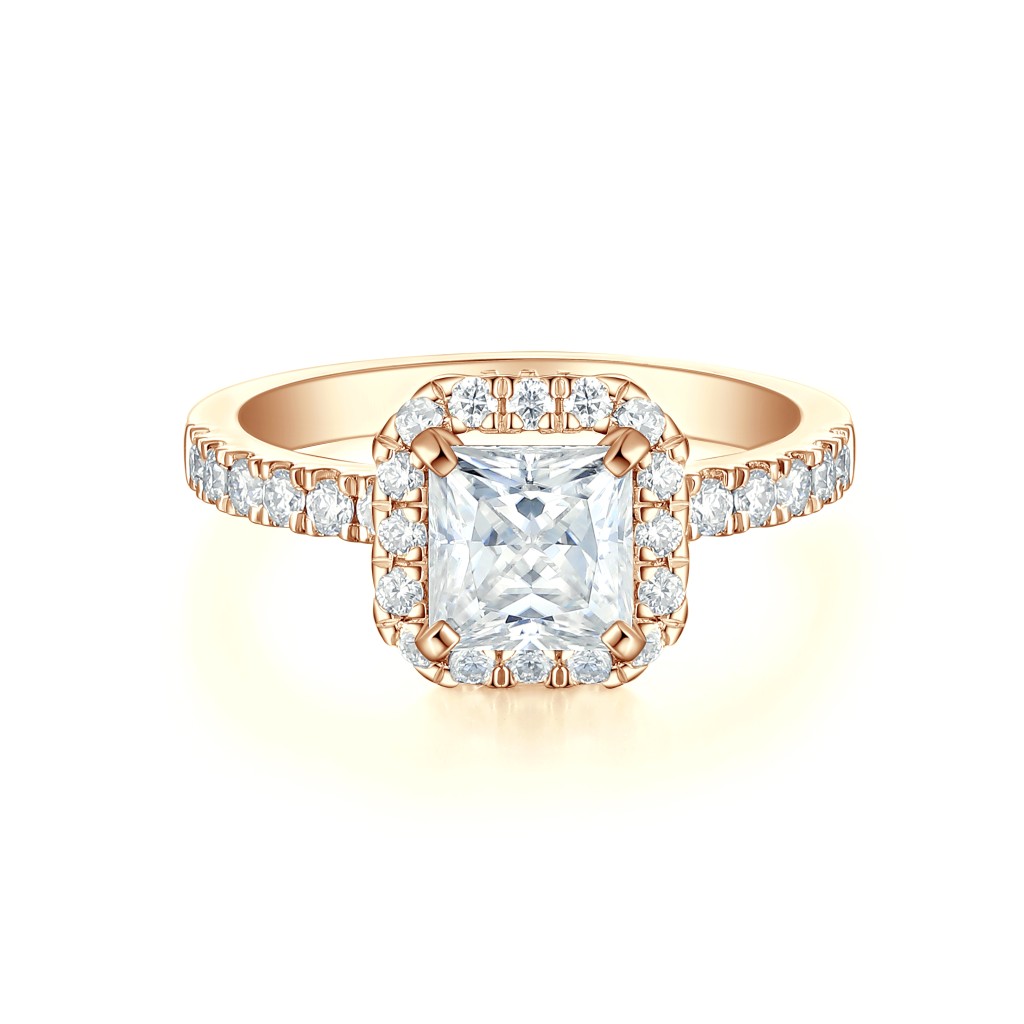 Regalia - Princess Geslepen Moissanite Halo Ring met Pave Band