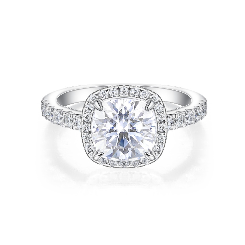 Candesce - Cushion Geslepen Moissanite Halo Verlovingsring Met Geaccentueerde Band