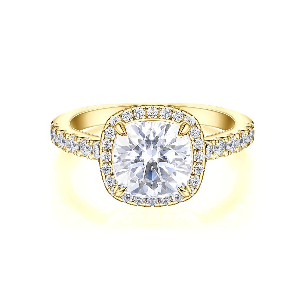 Candesce - Cushion Geslepen Moissanite Halo Verlovingsring Met Geaccentueerde Band