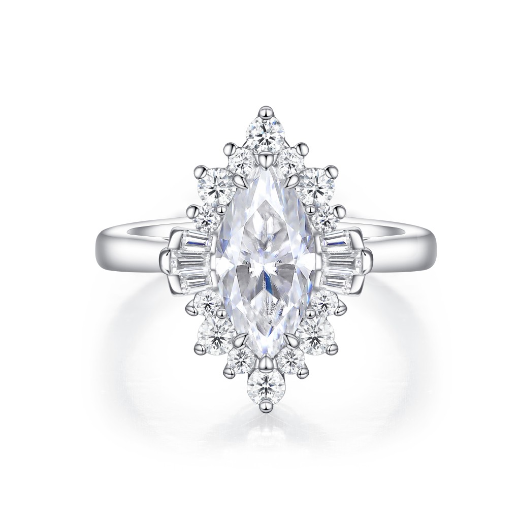 Crownique - Marquise Geslepen Moissanite Verlovingsring Met Halo En Baguette Accenten