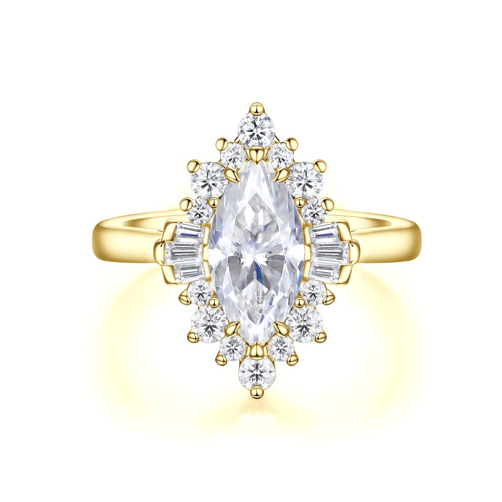 Crownique - Marquise Geslepen Moissanite Verlovingsring Met Halo En Baguette Accenten