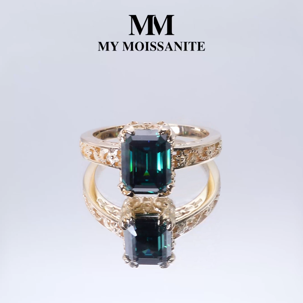 Verdisia - Vintage Smaragd Geslepen Groene Moissanite Verlovingsring met Bloemmotief