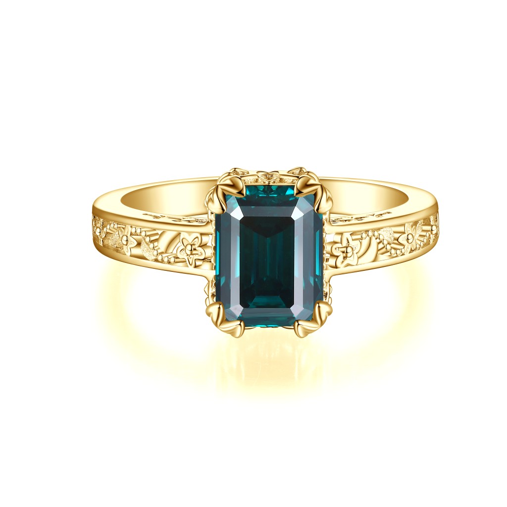 Verdisia - Vintage Smaragd Geslepen Groene Moissanite Verlovingsring met Bloemmotief