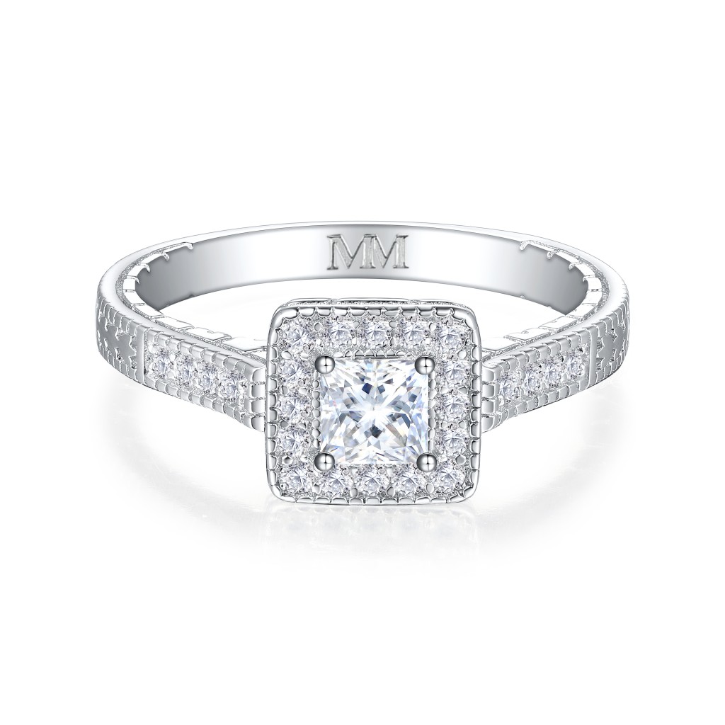 Paragone - Princess Geslepen Moissanite Halo Verlovingsring Met Textuurband