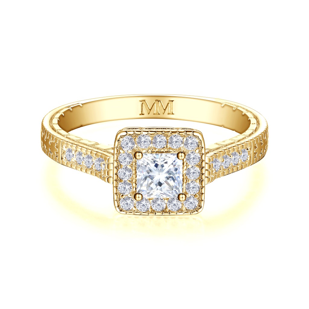 Paragone - Princess Geslepen Moissanite Halo Verlovingsring Met Textuurband