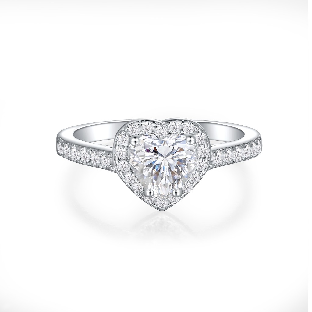 Amoria - Hart Geslepen Moissanite Verlovingsring Met Halo En Pavé Zet Zijstenen