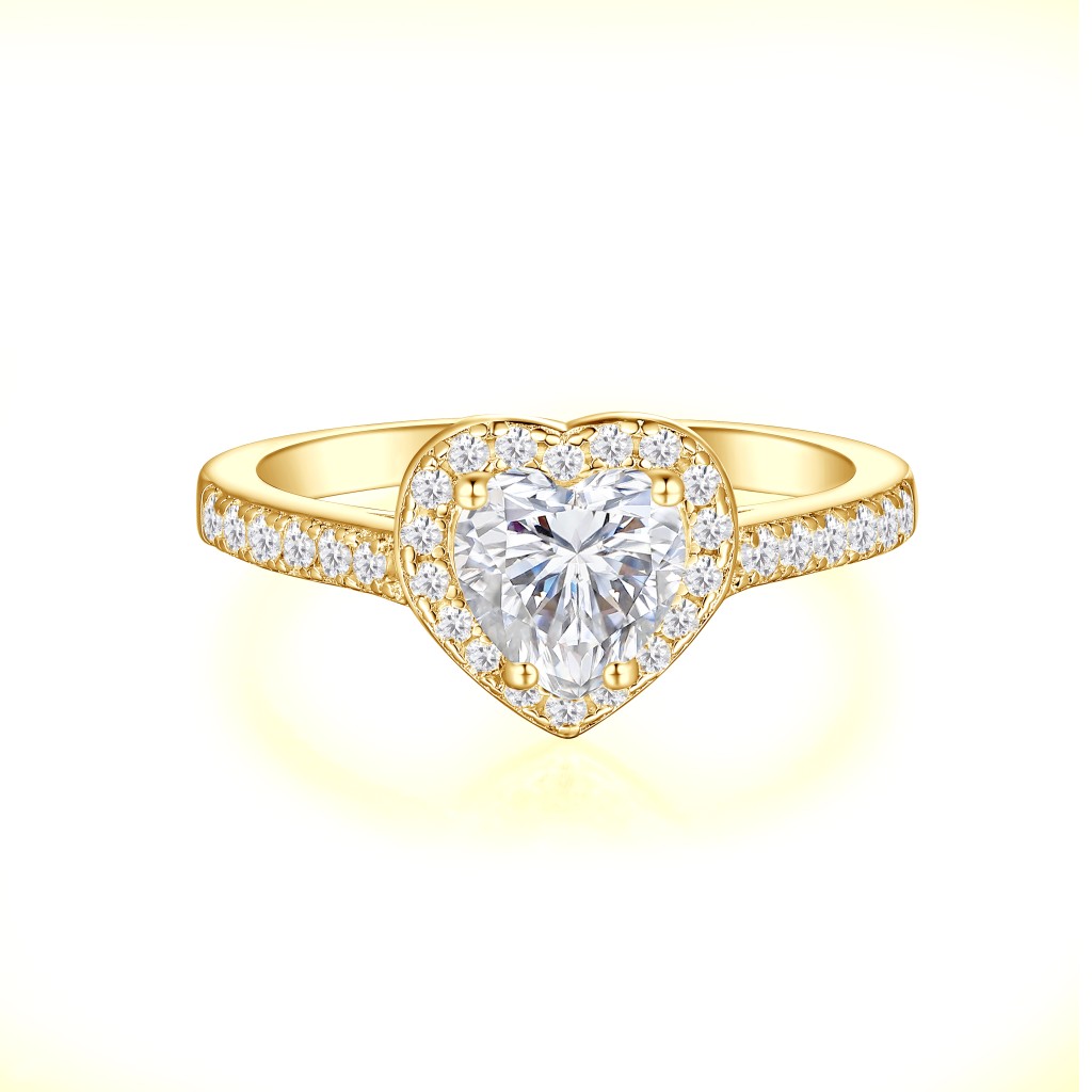 Amoria - Hart Geslepen Moissanite Verlovingsring Met Halo En Pavé Zet Zijstenen