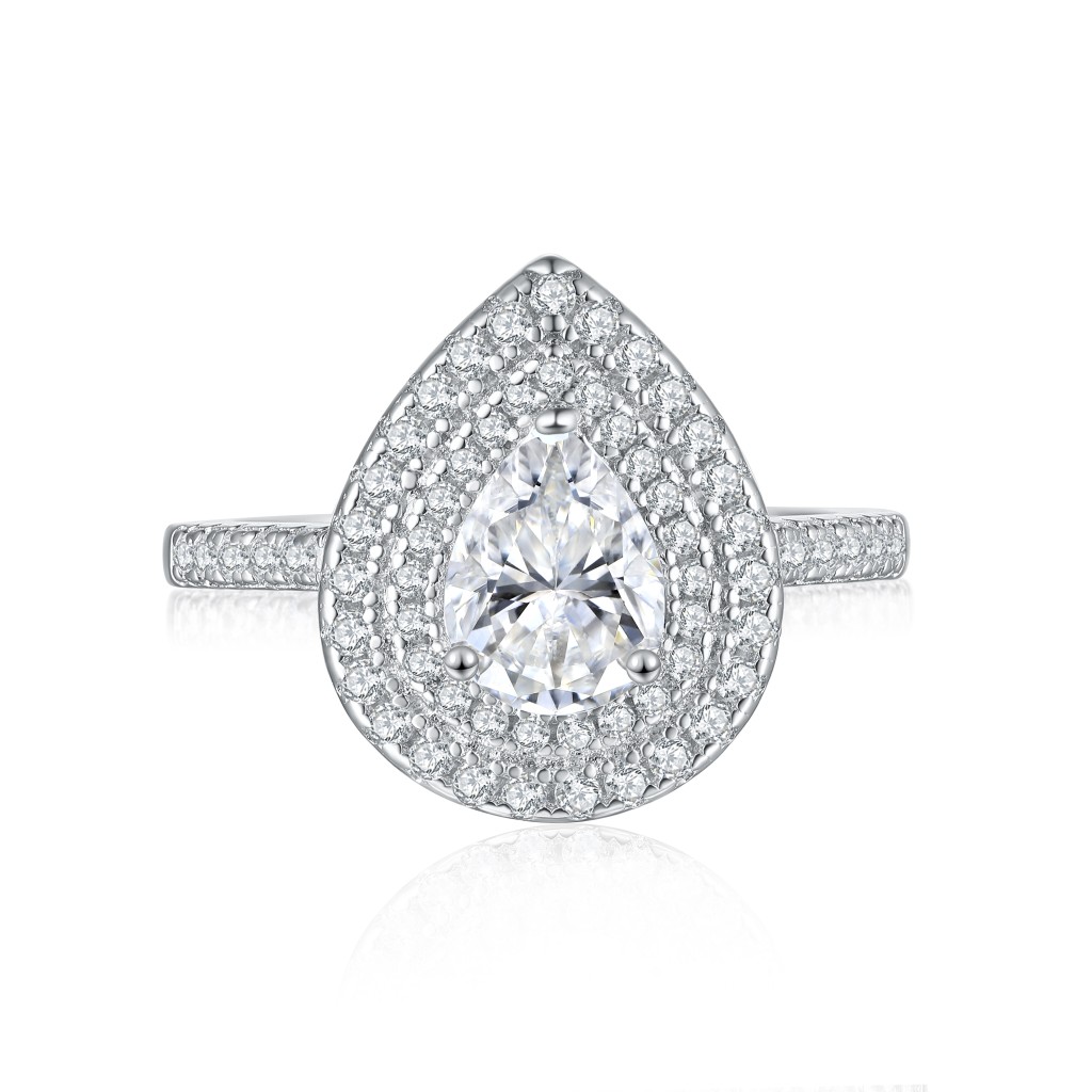 Athena - Peer Geslepen Moissanite Verlovingsring Met Dubbele Halo En Pavé Schacht