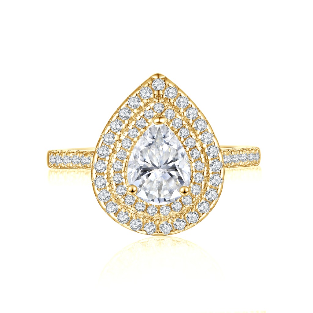 Athena - Peer Geslepen Moissanite Verlovingsring Met Dubbele Halo En Pavé Schacht