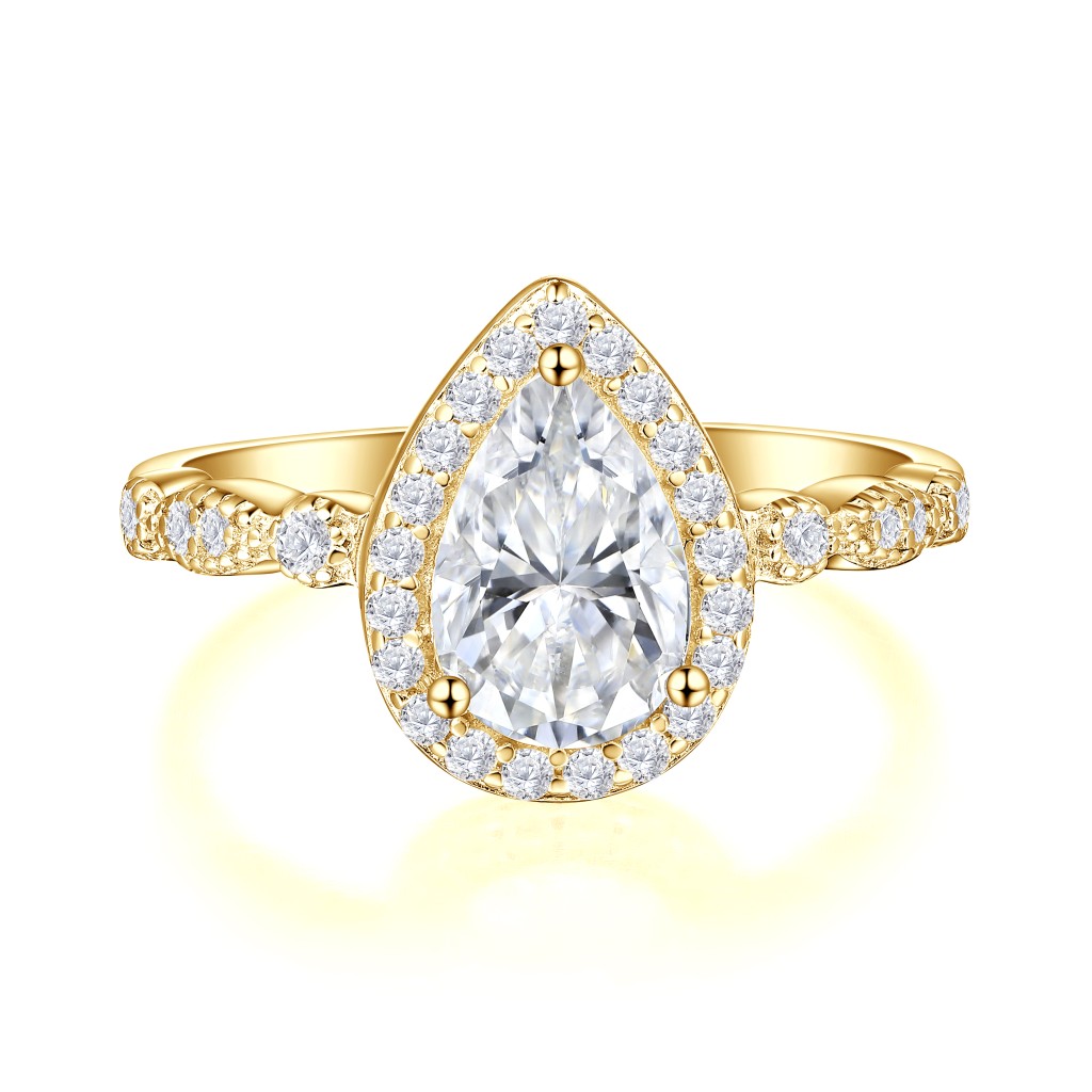 Elanore - Halo Peer Geslepen Moissanite Verlovingsring met Gedraaide Pavé Band