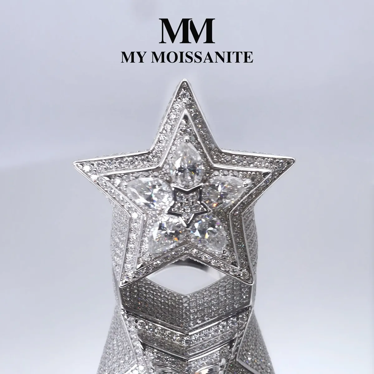 Zenith - Heren Peer Geslepen Moissanite Ster Ring Met Pavé Zetting