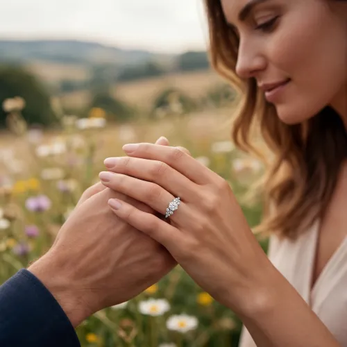 Aurora - Moissanite Ring met Minimalistische Zijstenen - lifestyle