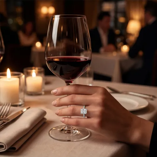 Astra - Radiant Moissanite Ring met Pavé Zijstenen & Hidden Halo - lifestyle