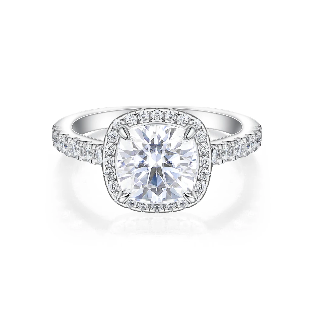 Candesce - Cushion Geslepen Moissanite Halo Verlovingsring Met Geaccentueerde Band