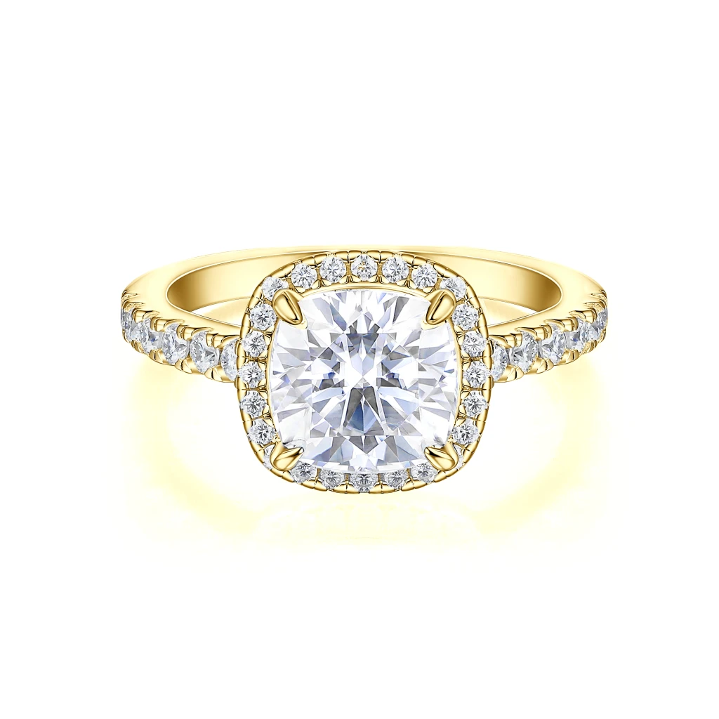 Candesce - Cushion Geslepen Moissanite Halo Verlovingsring Met Geaccentueerde Band