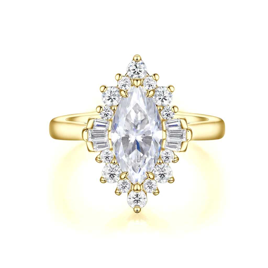Crownique - Marquise Geslepen Moissanite Verlovingsring Met Halo En Baguette Accenten