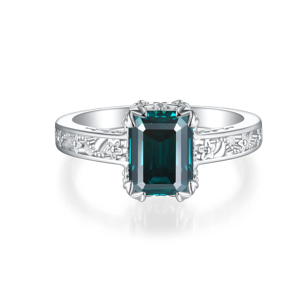 Verdisia - Vintage Smaragd Geslepen Groene Moissanite Verlovingsring met Bloemmotief