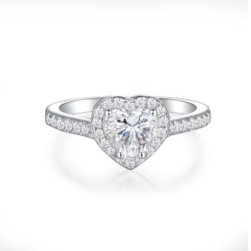 Amoria - Hart Geslepen Moissanite Verlovingsring Met Halo En Pavé Zet Zijstenen