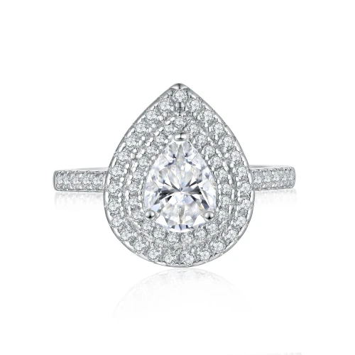 Athena - Peer Geslepen Moissanite Verlovingsring Met Dubbele Halo En Pavé Schacht