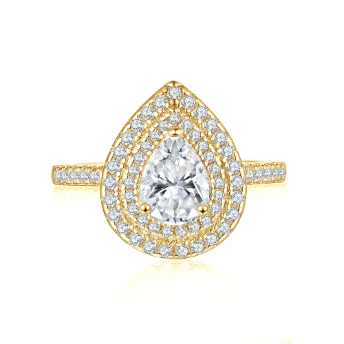 Athena - Peer Geslepen Moissanite Verlovingsring Met Dubbele Halo En Pavé Schacht