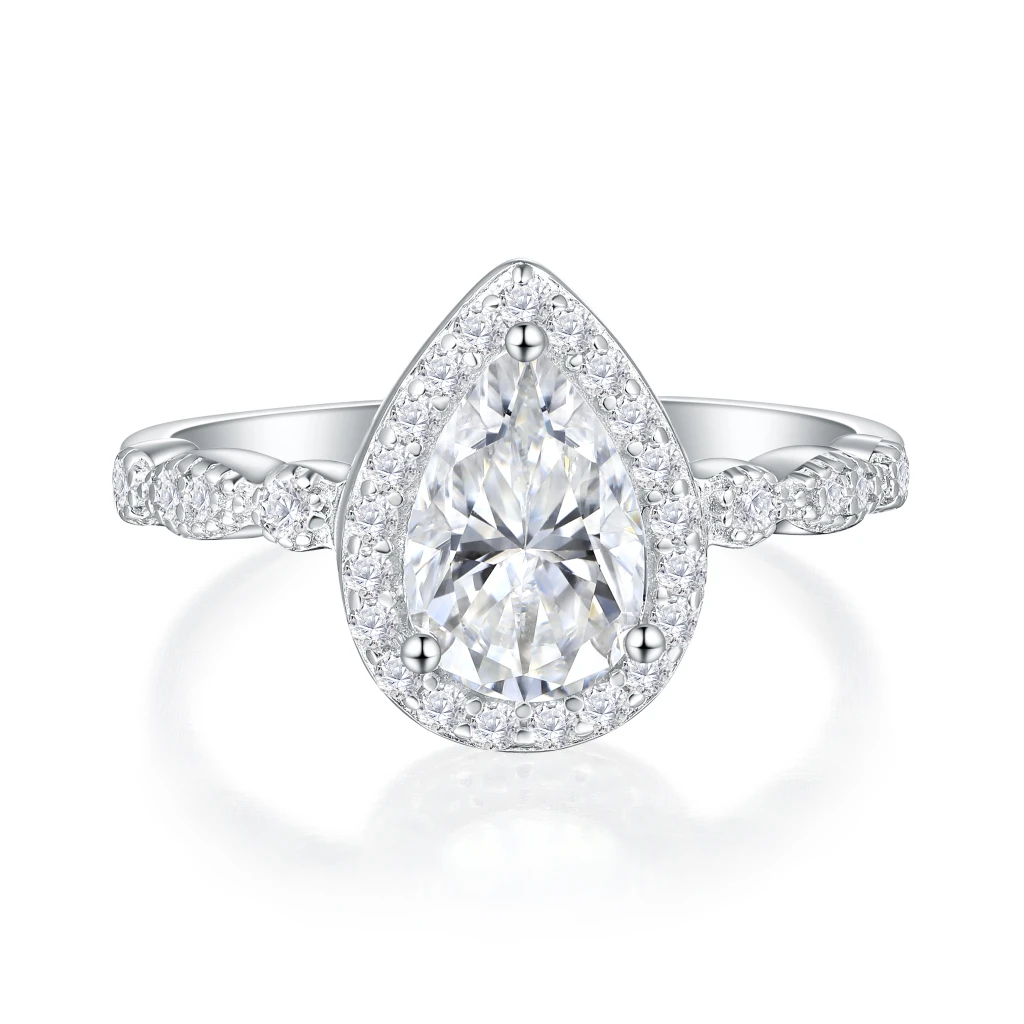 Elanore - Halo Peer Geslepen Moissanite Verlovingsring met Gedraaide Pavé Band