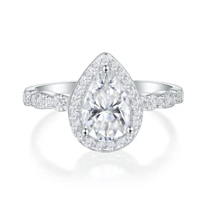 Elanore - Halo Peer Geslepen Moissanite Verlovingsring met Gedraaide Pavé Band