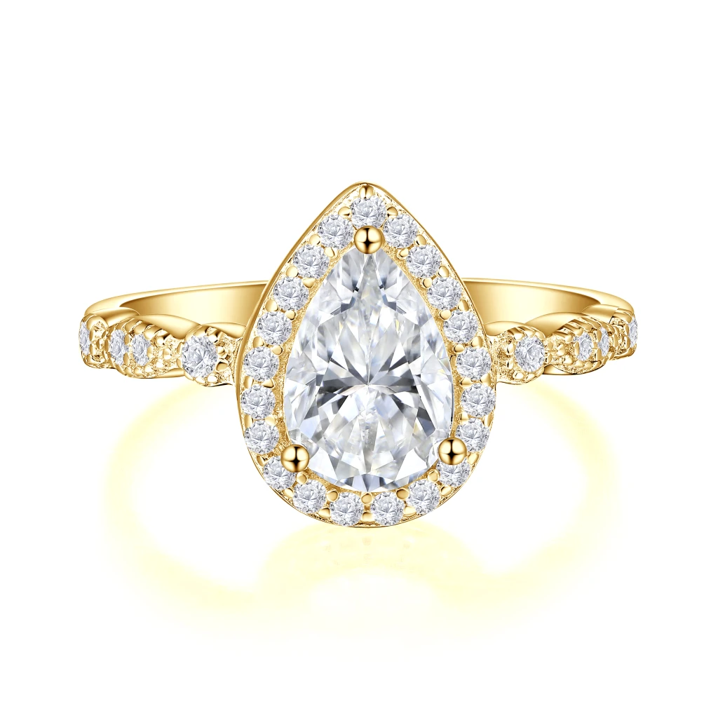 Elanore - Halo Peer Geslepen Moissanite Verlovingsring met Gedraaide Pavé Band