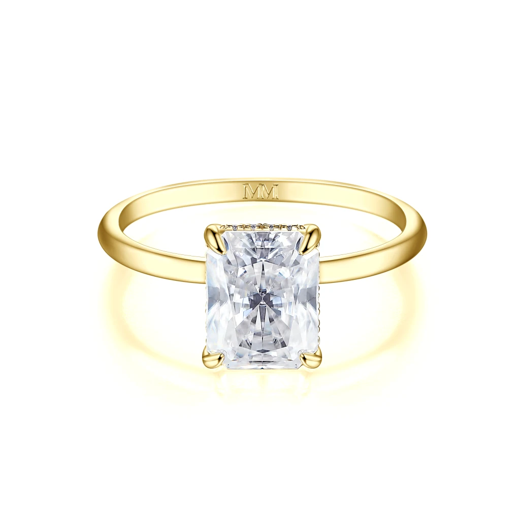 Mirabelle - Radiant Geslepen Moissanite Solitaire Ring met Mandzetting en Hidden Halo