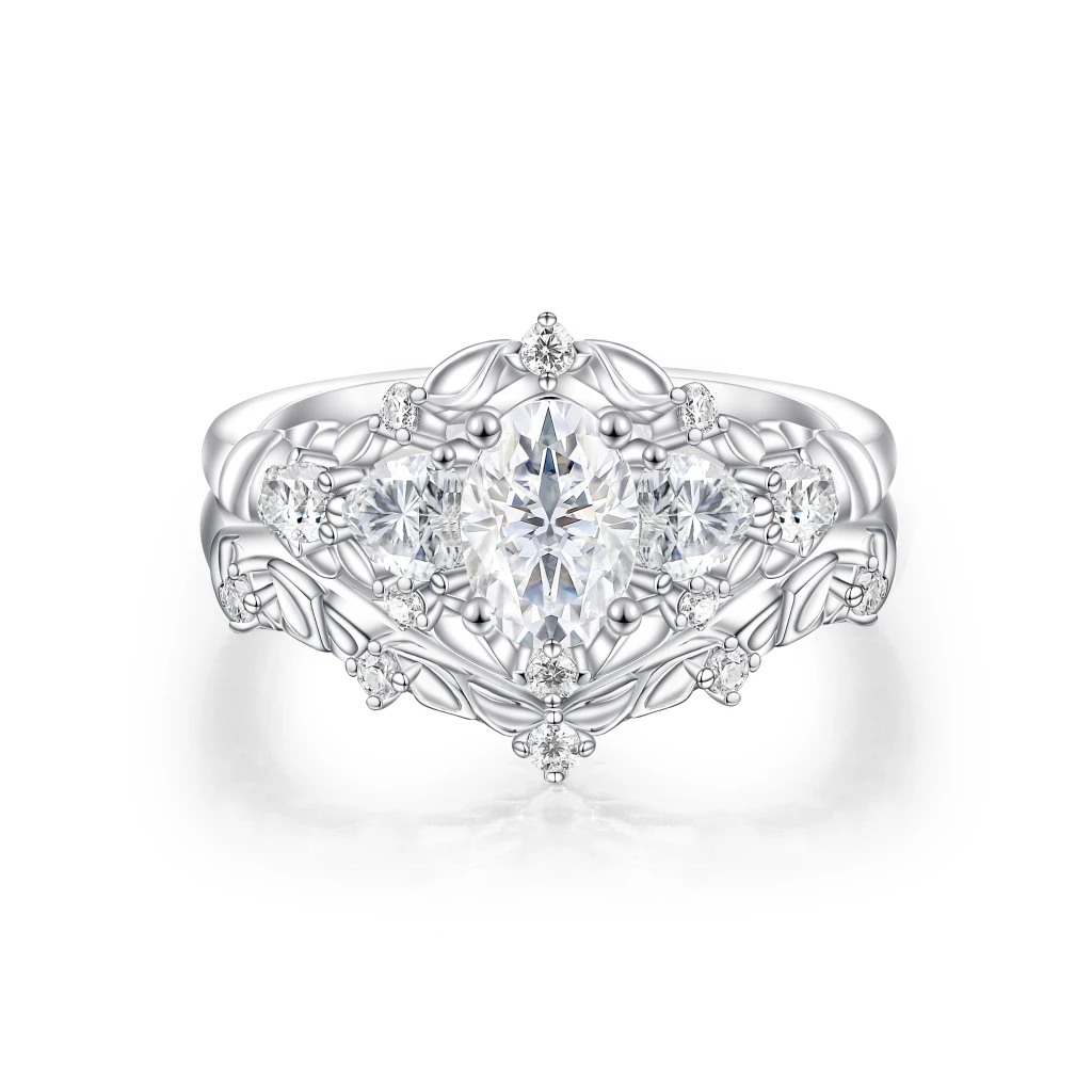 Fiorine - Ovaal Geslepen Moissanite Trouwset Met Botanisch Ontwerp