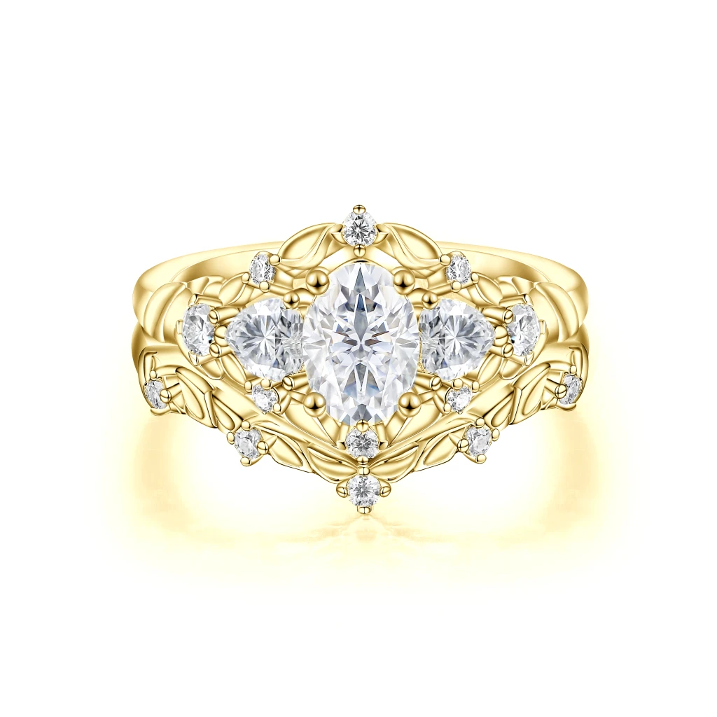 Fiorine - Ovaal Geslepen Moissanite Trouwset Met Botanisch Ontwerp